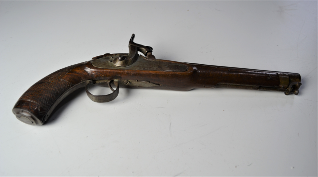 Percussion Lock Pistol with Carved Stock and Hinged Cap Holder. 