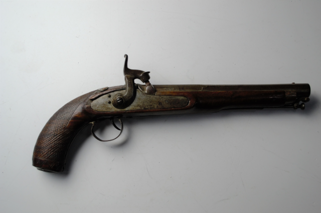 Percussion Lock Pistol with Carved Stock and Hinged Cap Holder. 