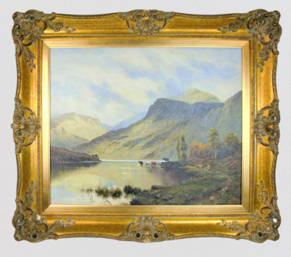 Discover the stunning 'Cattle Bathing in a Lake' landscape by Breanski De Breanski. Explore its unique blend of romanticism and realism. Purchase now!