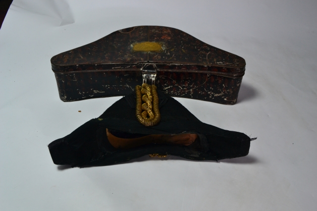 Explore our early 20th century naval bicorn in box, perfect for antique collectors! Needs restoration. See details and start your project today.