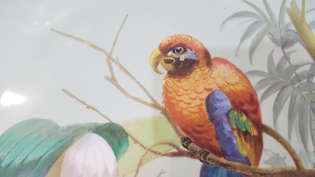 Discover our collection of antique ceramics, like this 1890 hand-decorated plate by B. Stuart. Adorned with colorful exotic birds, it measures 31 cm. Shop now!