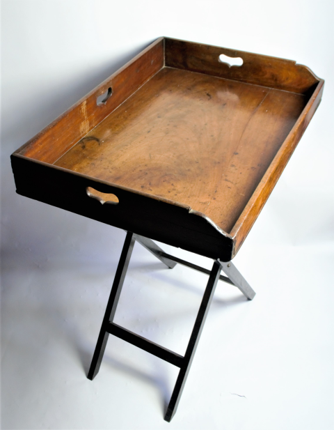 Discover our Edwardian butler's tray with stand, boasting vintage charm despite minor marks. Dimensions: Tray (77x53x11cm), Stand (76cm). Shop now!