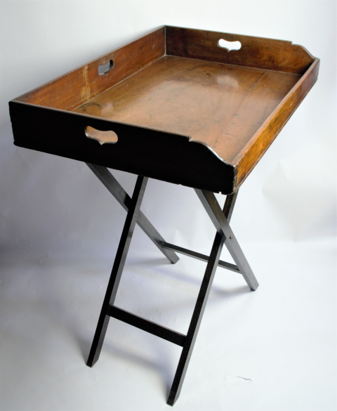 Discover our Edwardian butler's tray with stand, boasting vintage charm despite minor marks. Dimensions: Tray (77x53x11cm), Stand (76cm). Shop now!