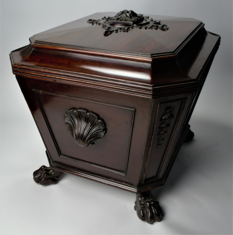 Experience elegance with our late Regency mahogany sarcophagus wine cooler. Stunningly carved with lion's paw feet and lead-lined interior. Shop now. Size: 70x56x60cm.