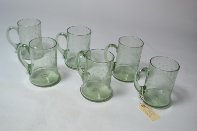 Six 19th Century Hand Blown Green Glass Tankards