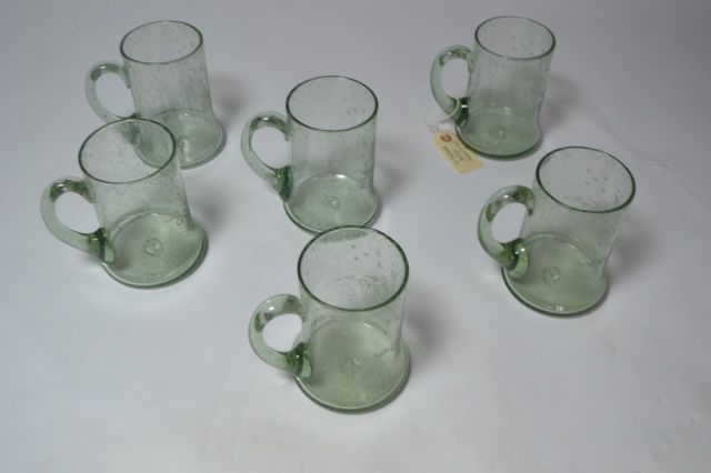 Six 19th Century Hand Blown Green Glass Tankards