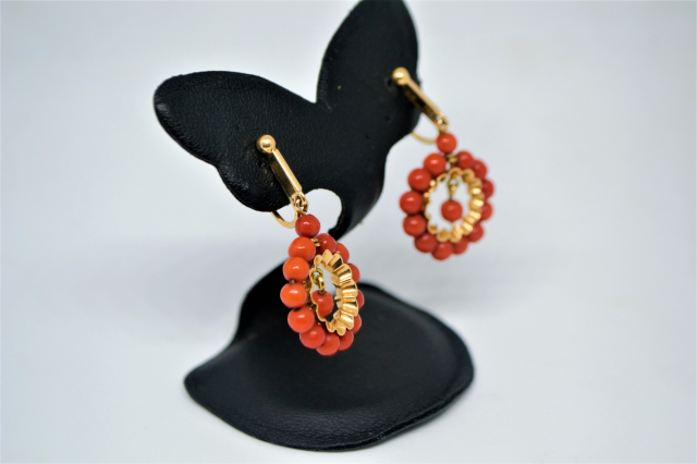  18ct Yellow Gold Coral Earrings.