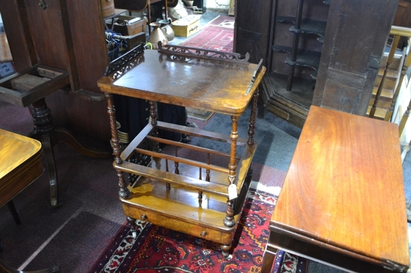 Discover our collection of Victorian burr walnut Canterbury whatnots. Fretwork gallery, moulded supports, single drawer & more. Browse now and enhance your home decor!