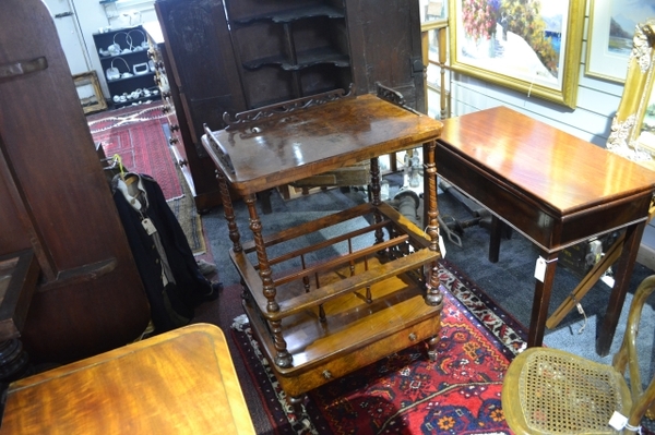 Discover our collection of Victorian burr walnut Canterbury whatnots. Fretwork gallery, moulded supports, single drawer & more. Browse now and enhance your home decor!