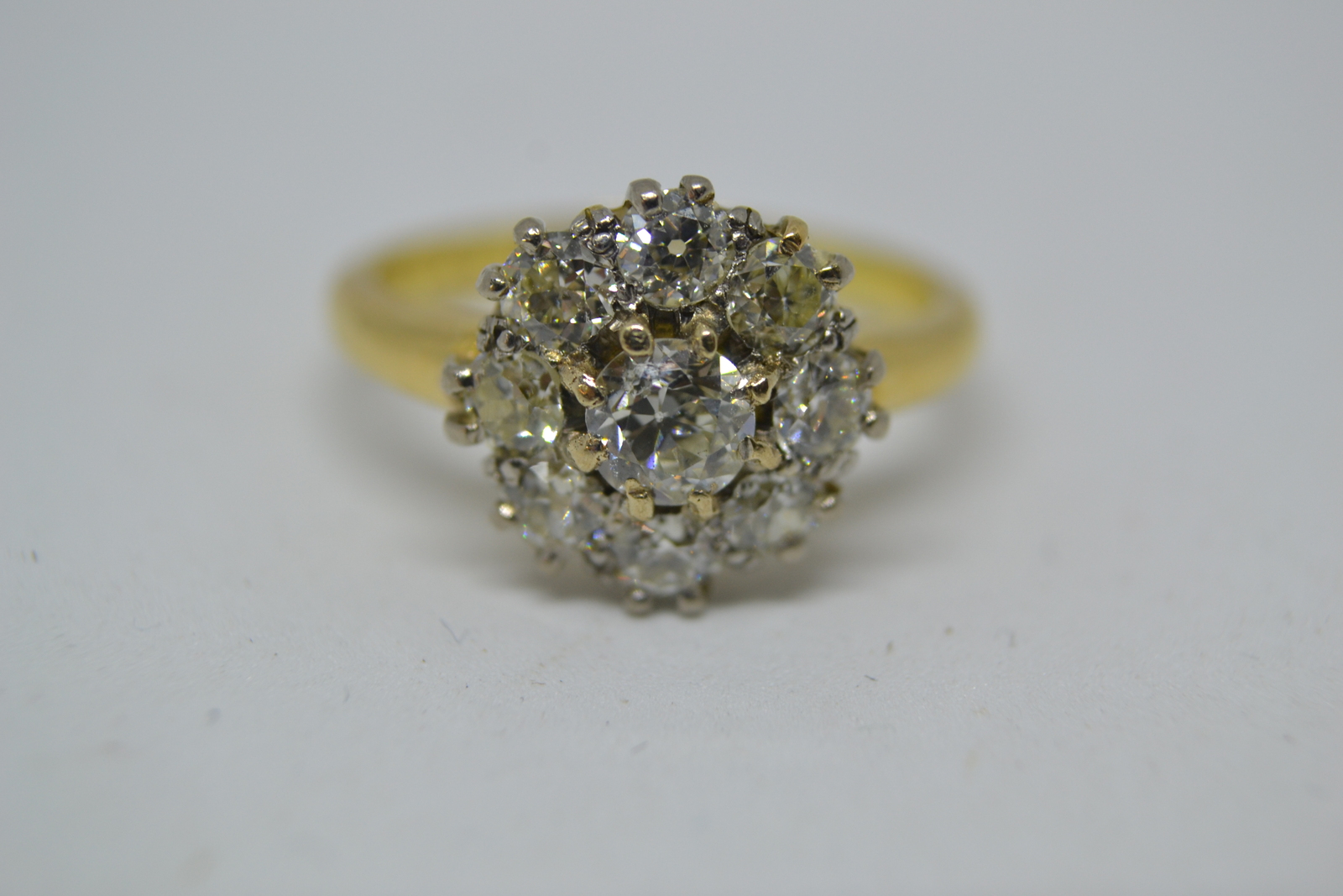 Discover our 18ct yellow gold ring featuring a diamond flower head cluster. With 9 brilliant old cut stones totaling a 1.00ct weight. Delve into diamond clarity s11/s12, colour i/j. Shop now!