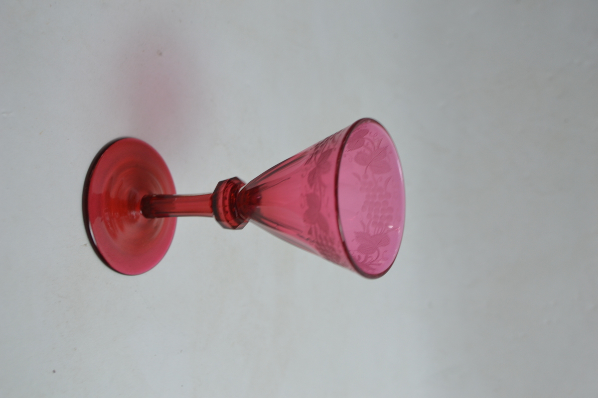 Antique Victorian Cranberry Wine Glass With Grape Engraving.