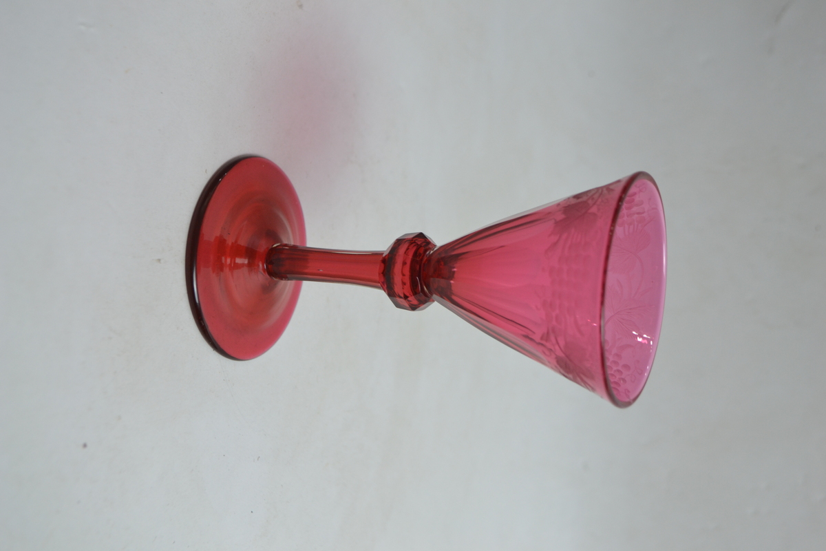 Antique Victorian Cranberry Wine Glass With Grape Engraving.