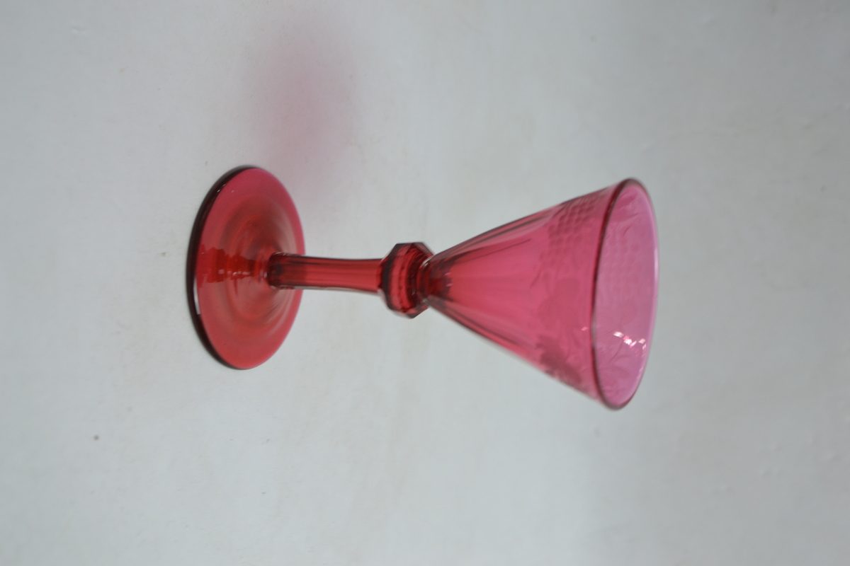 Antique Victorian Cranberry Wine Glass With Grape Engraving.