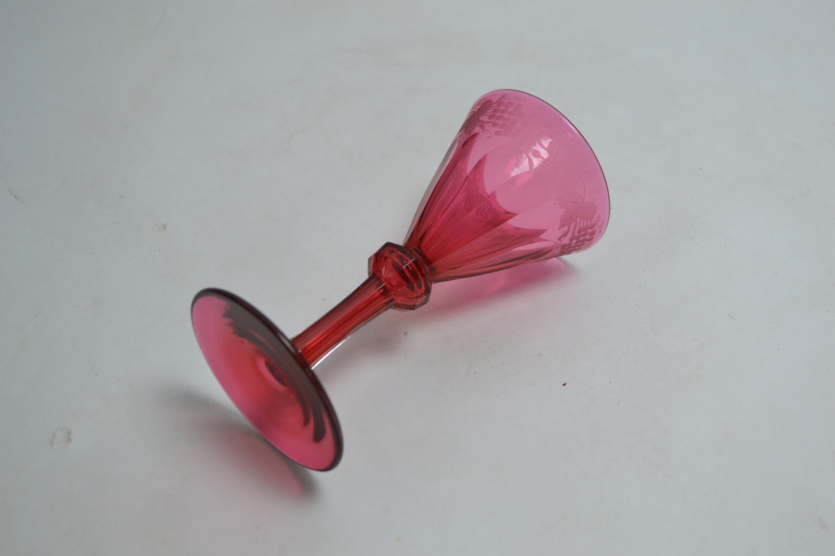 Antique Victorian Cranberry Wine Glass With Grape Engraving.