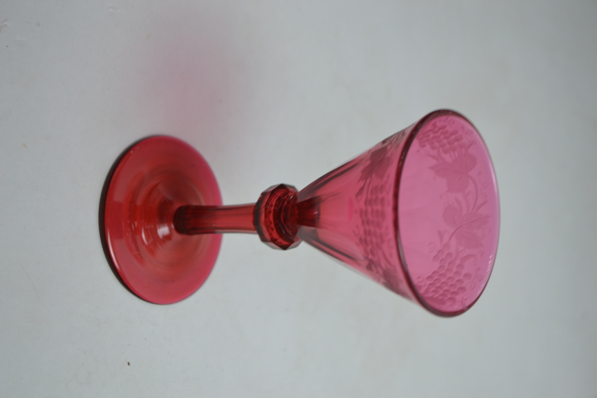 Antique Victorian Cranberry Wine Glass With Grape Engraving.