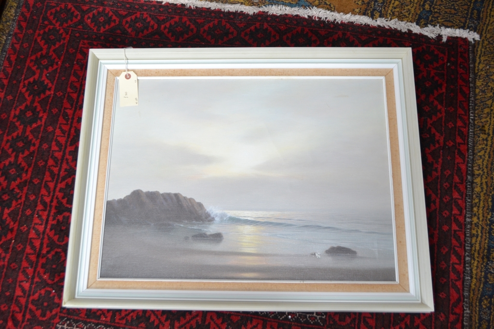 Discover A. Finlay's serene oil painting of a remote cove. Slight paint damage on a 60x50 canvas. Buy now to enhance your art collection.