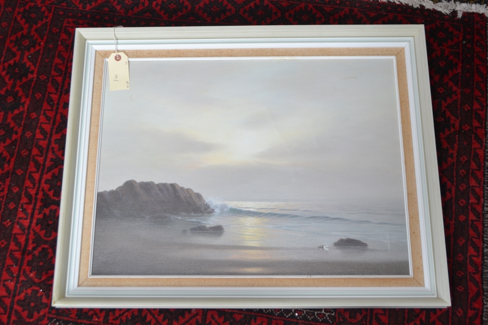 Discover A. Finlay's serene oil painting of a remote cove. Slight paint damage on a 60x50 canvas. Buy now to enhance your art collection.