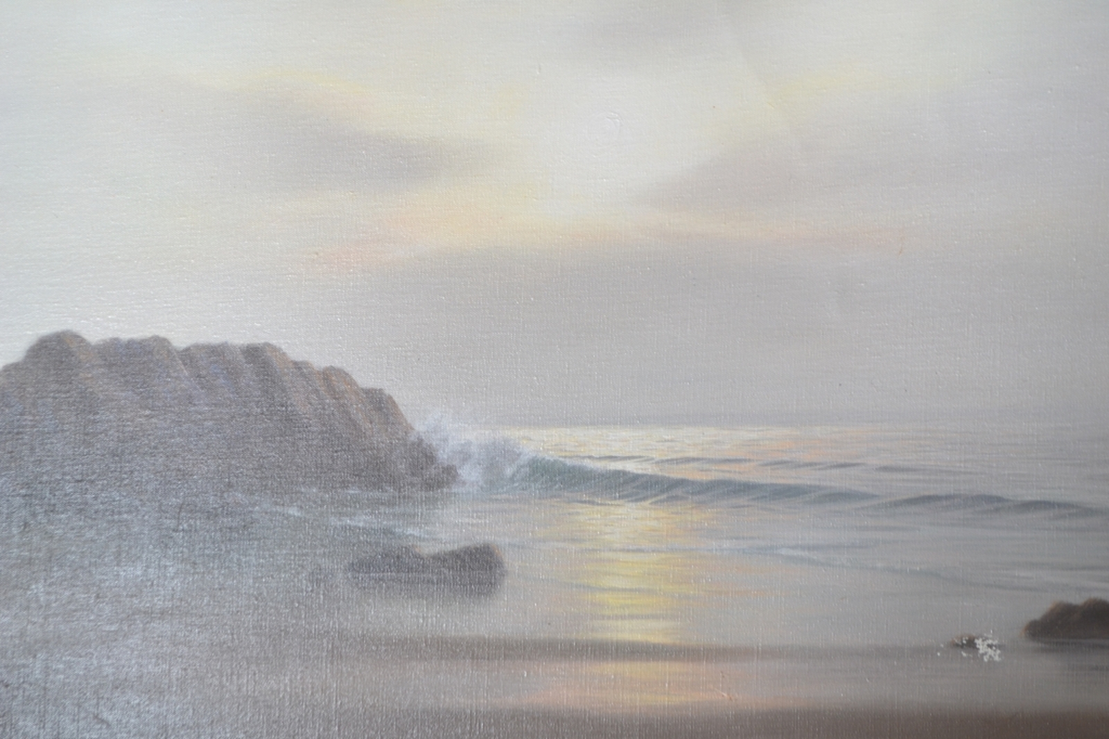 Discover A. Finlay's serene oil painting of a remote cove. Slight paint damage on a 60x50 canvas. Buy now to enhance your art collection.