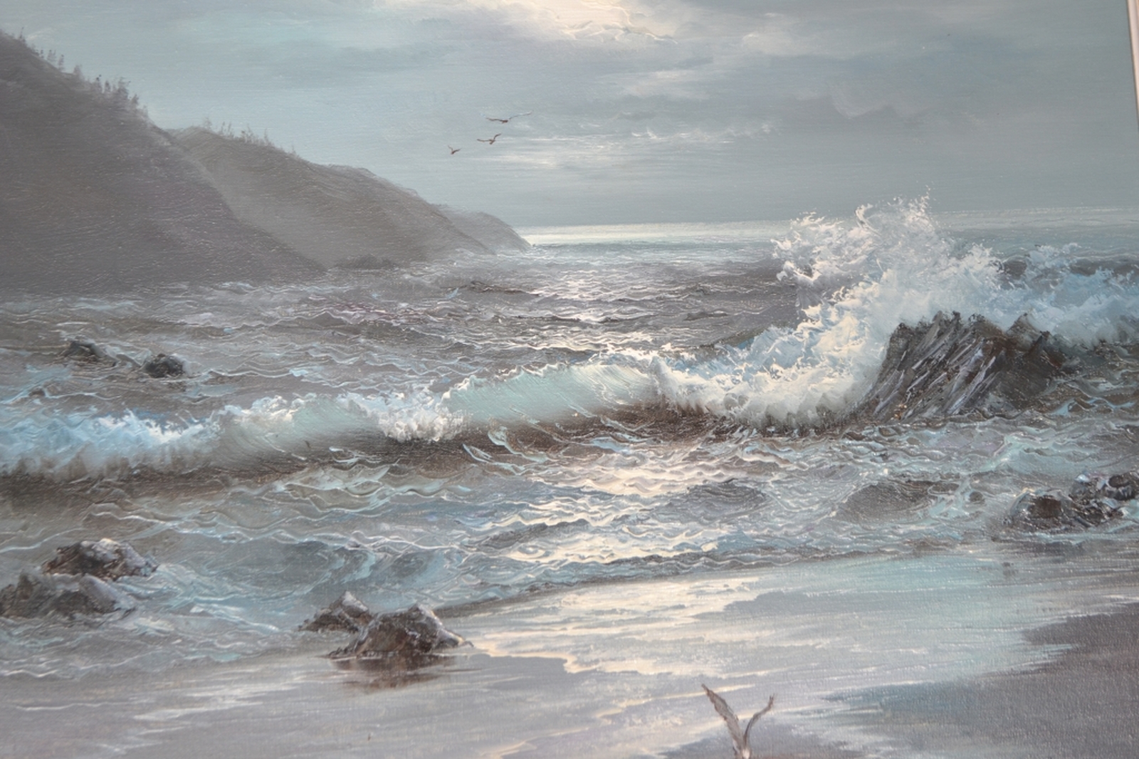 Discover James Want's stunning oil painting of crashing waves with gulls. This 60x50cm artwork is a must-have for art lovers. Order now!
