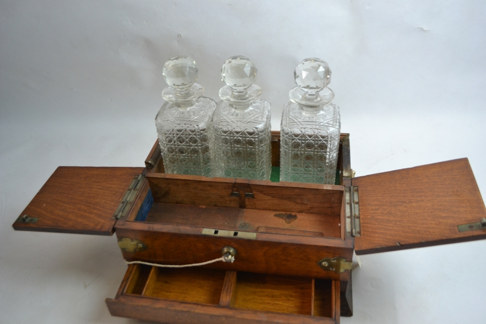 Victorian Tantalus/Games Box in Oak with Decanters