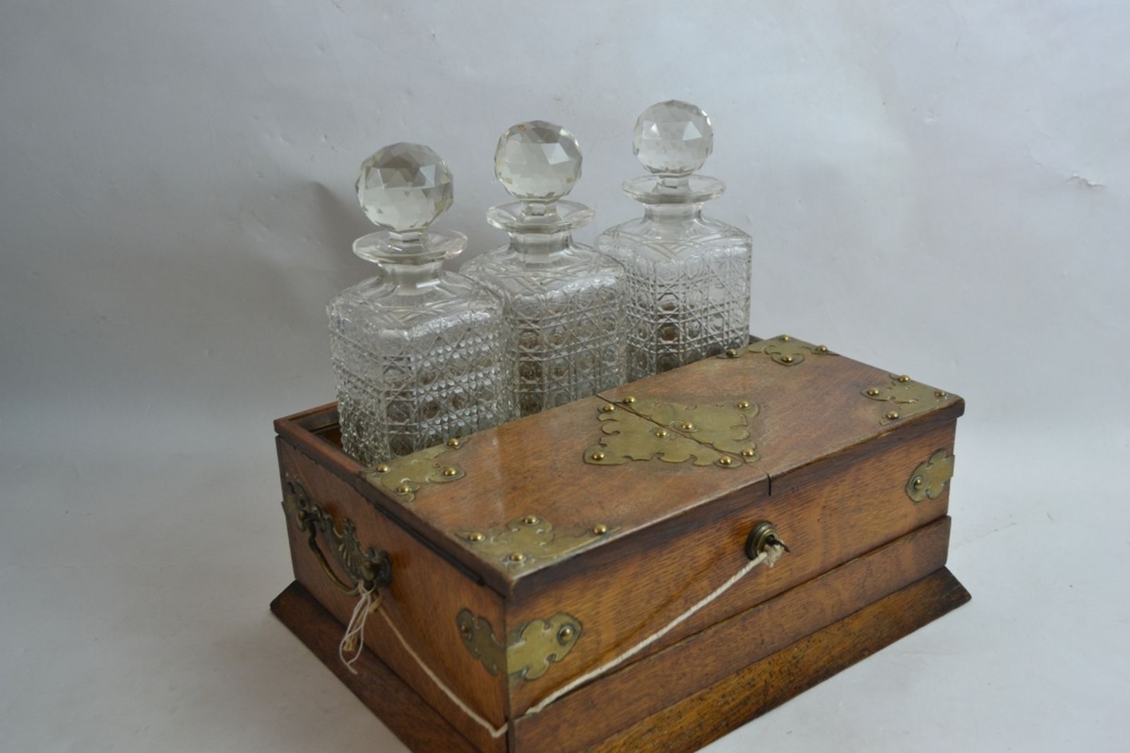 Victorian Tantalus/Games Box in Oak with Decanters