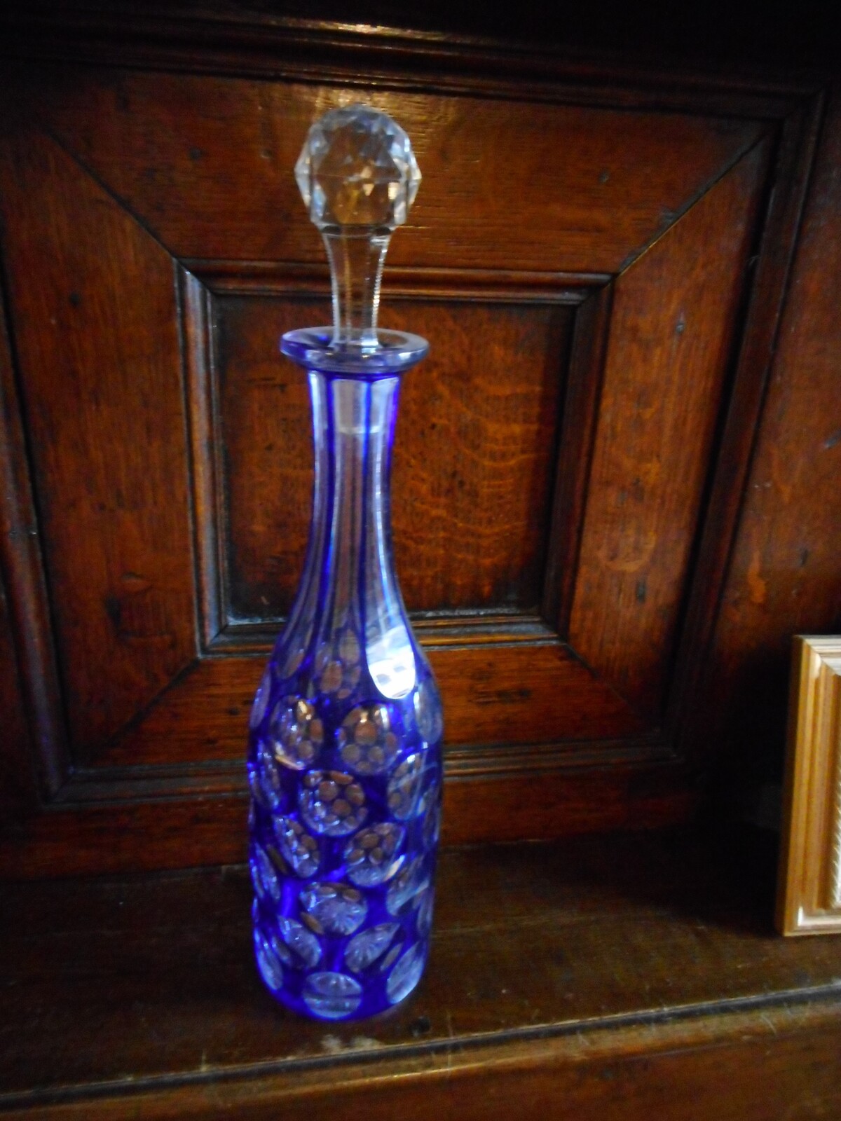 19th century Bohemian decanter blue cut to clear glass