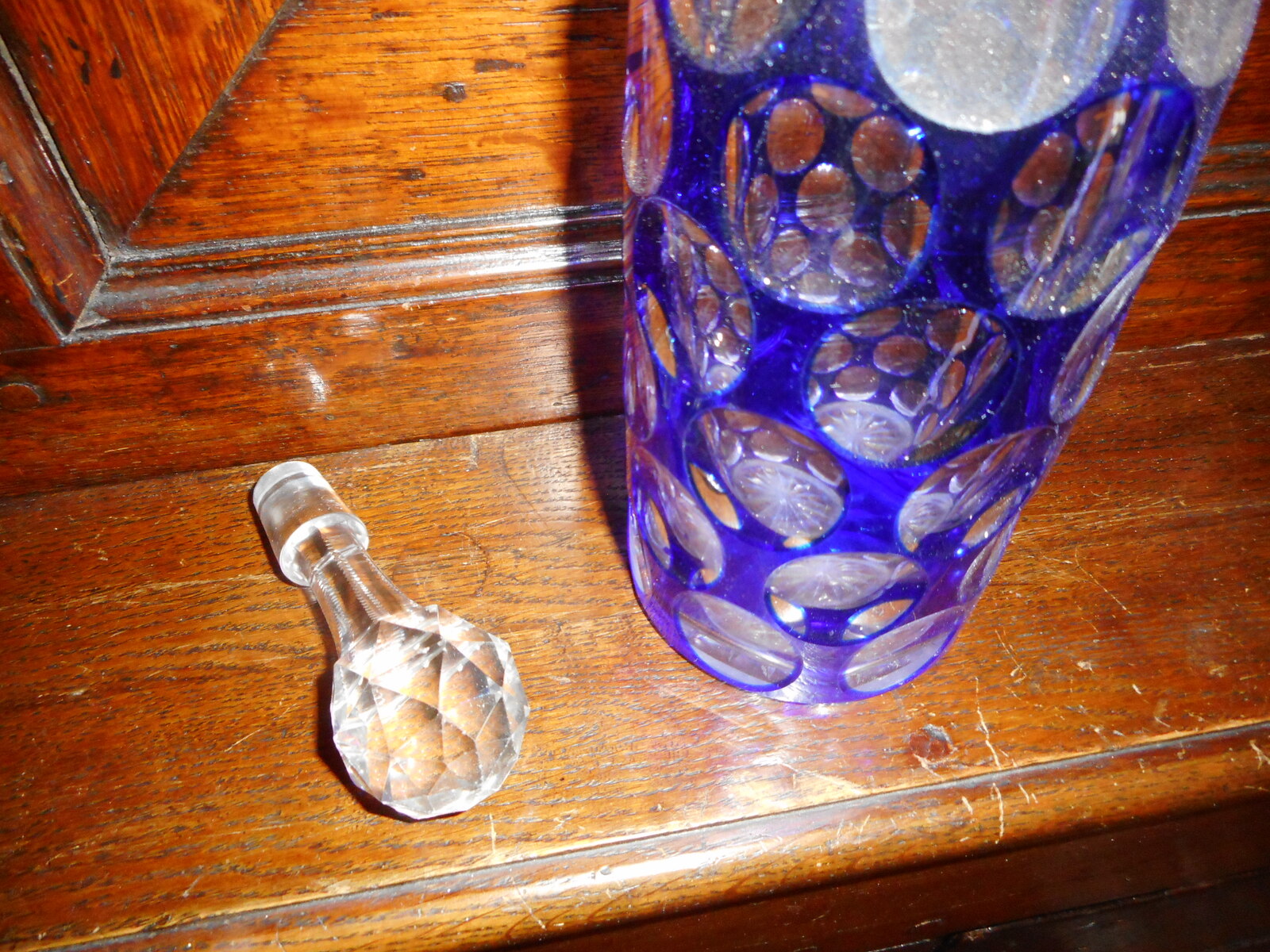 19th century Bohemian decanter blue cut to clear glass