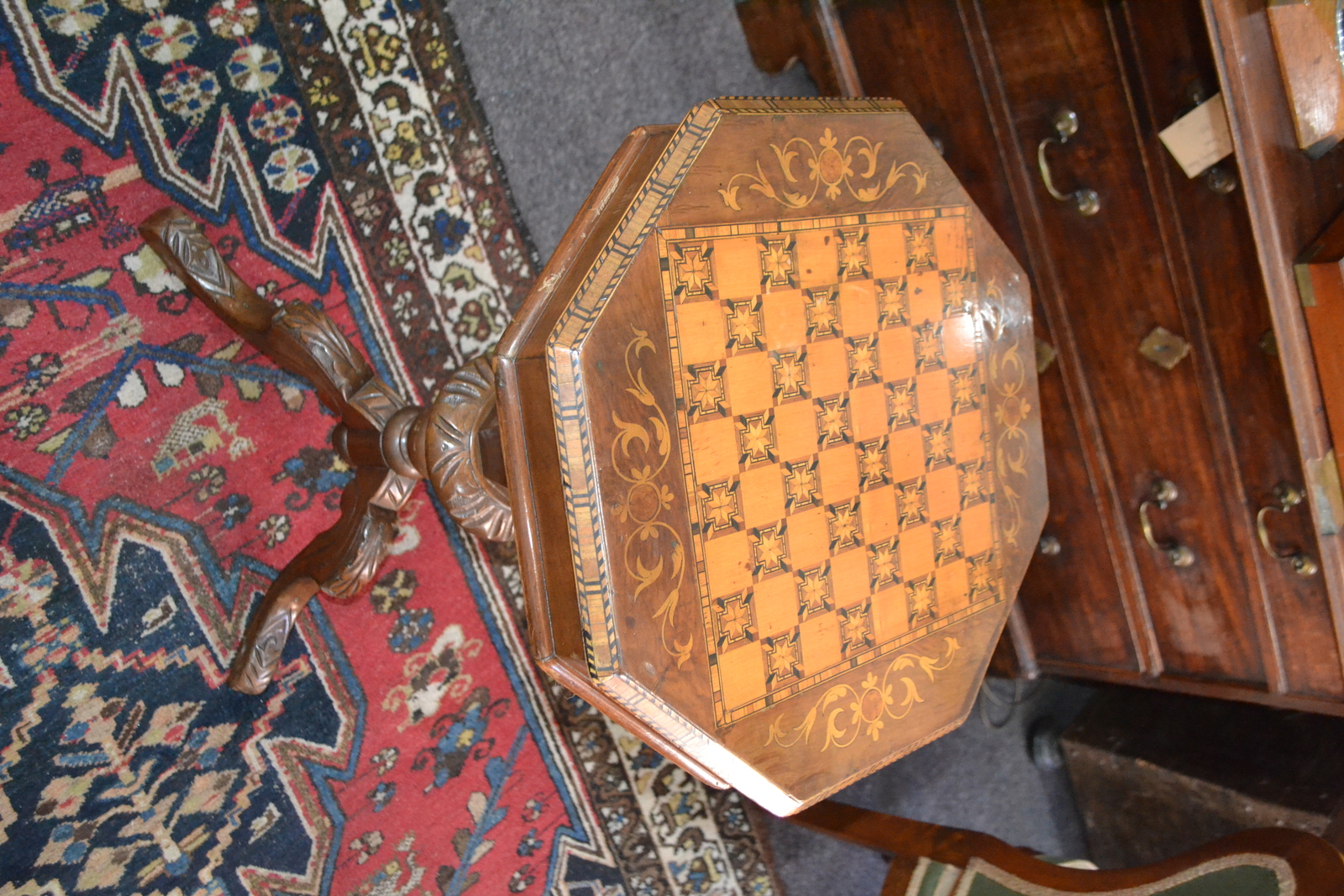 Discover our range of 19th century marquetry inlaid sewing tables. Featuring a chequer board top and unique tripod feet, measuring 75cm x 43cm in diameter. Shop now to add this vintage beauty to your collection.