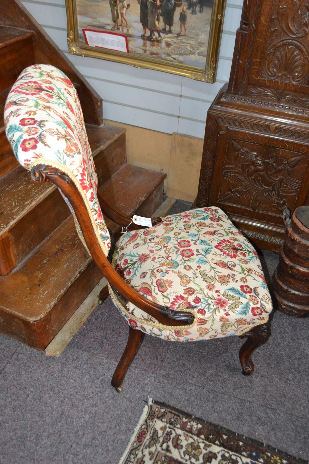 Discover our re-upholstered Victorian mahogany chair with a unique scrolling pierced open back. Shop now for exquisite antique furniture pieces with detailed dimensions!
