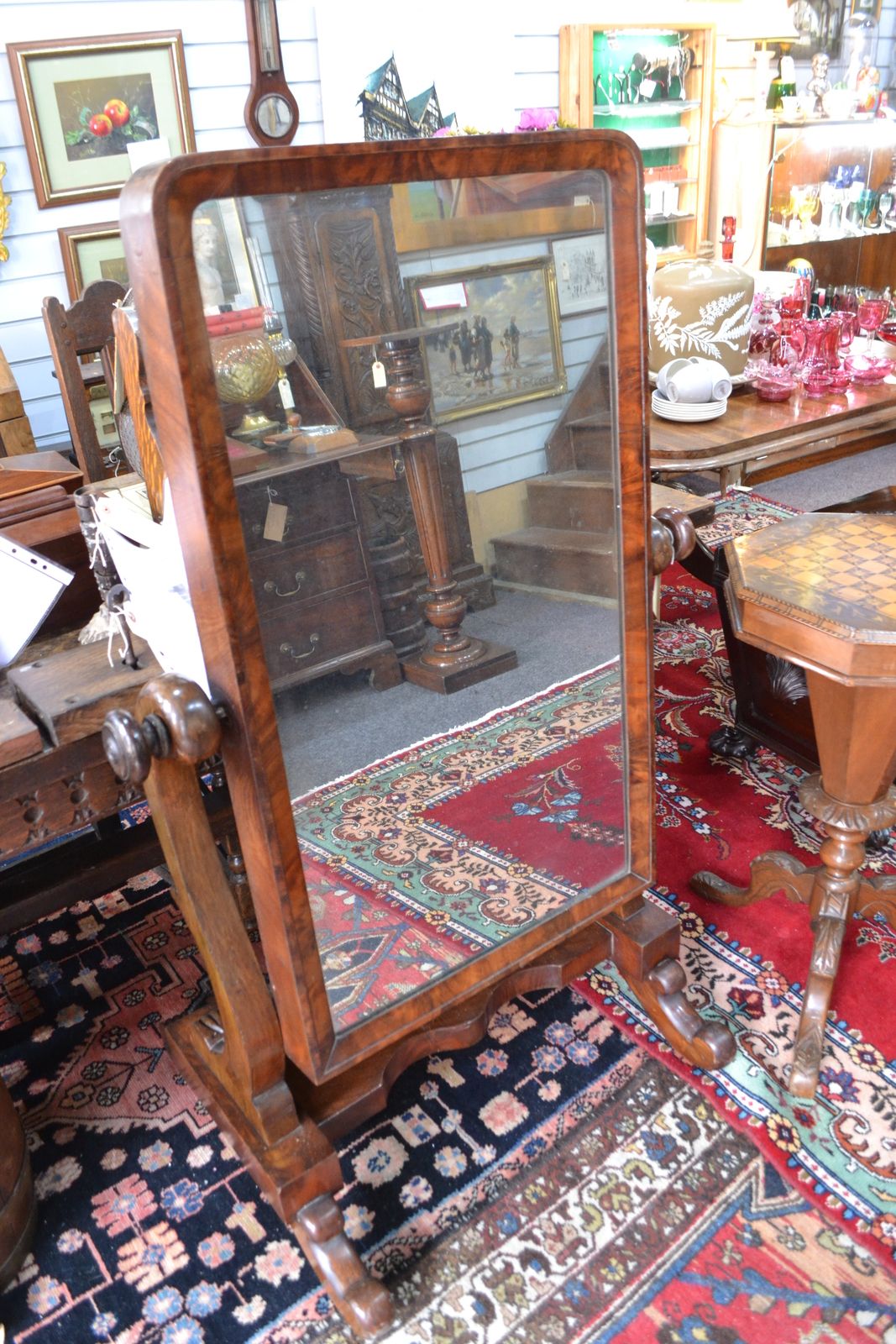 Discover our William IV ladies mahogany cheval mirror. Original, antique, and top quality with shaped reeded scrolls. Upgrade your home!