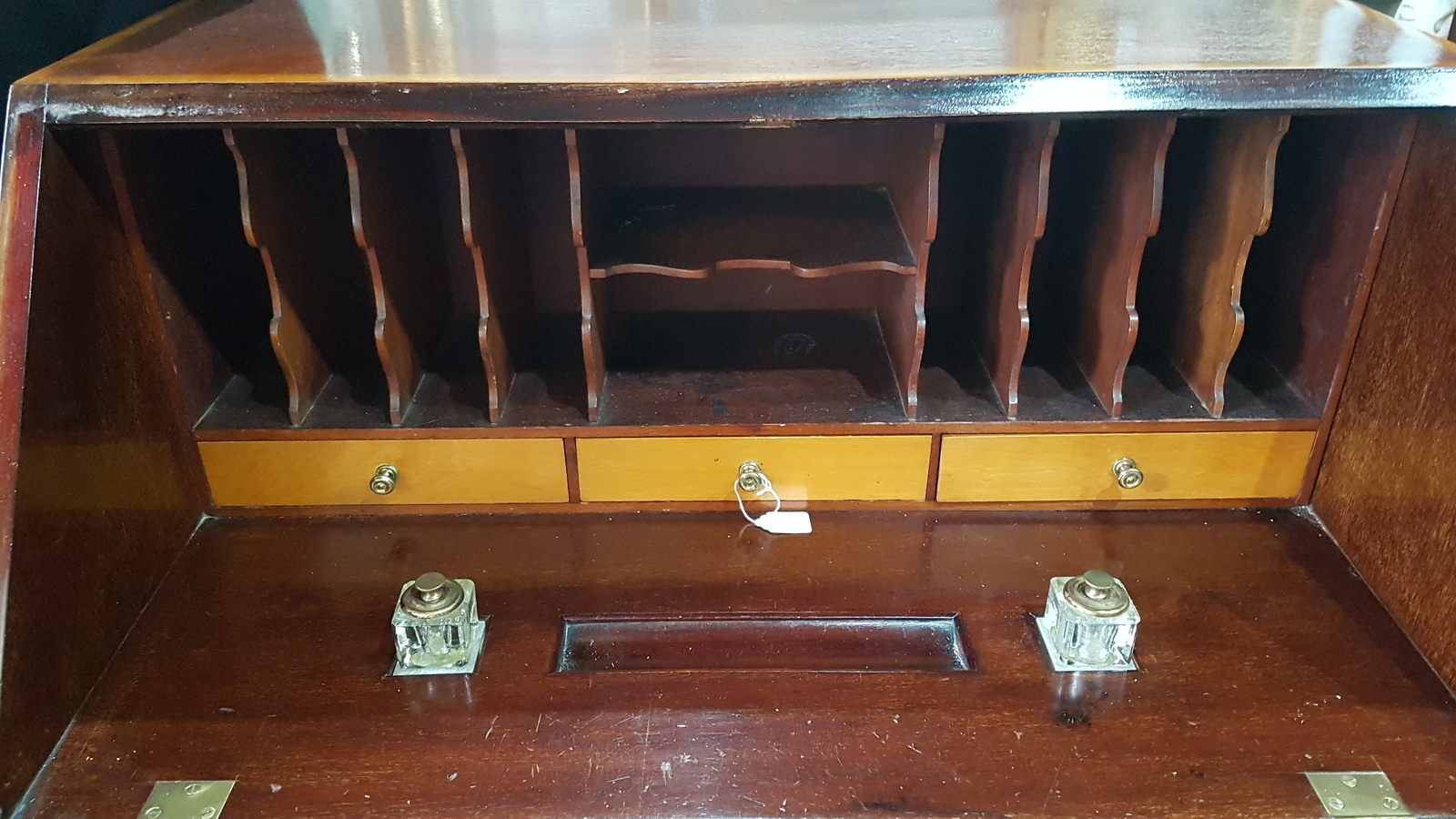 Discover our antique Edwardian mahogany bureau with intricate satinwood details. Shop now for this unique, well-preserved piece perfect for classic styled homes. Embrace history today!