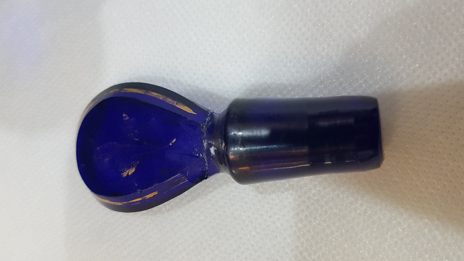 Discover our 19th c. Bristol blue decanter bottle with restored stopper. Unique gold lettering, size 9 inches. Shop now!