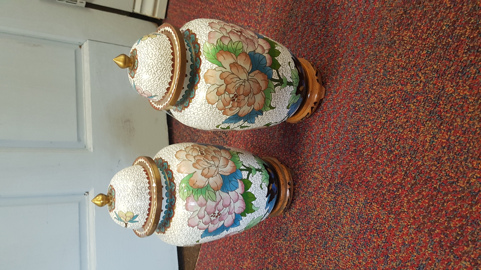 A Pair Of 20th Century Chinese Cloisonne Lidded Vases Decorated With Chrysanthemum