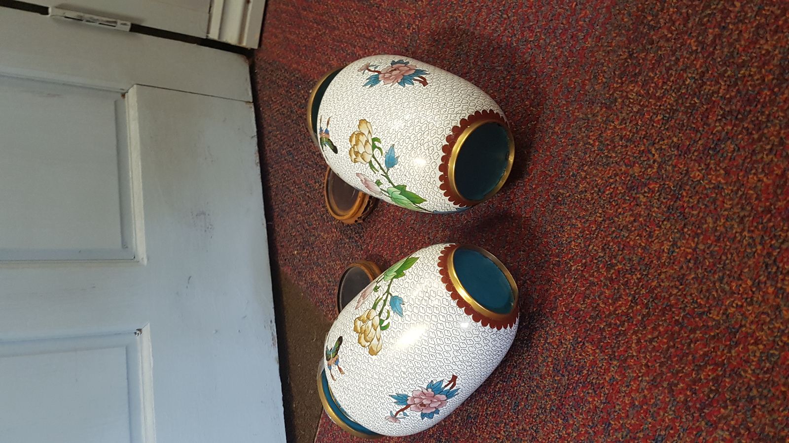 A Pair Of 20th Century Chinese Cloisonne Lidded Vases Decorated With Chrysanthemum