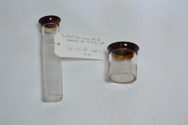 Two Ribbed Glass Dressing Table Pots.