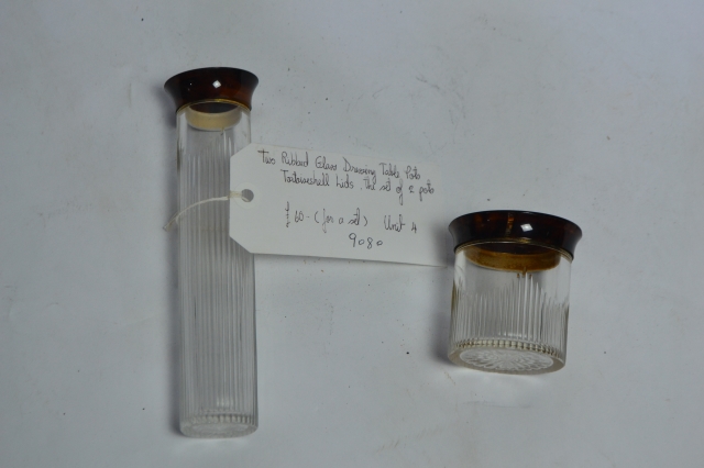 Two Ribbed Glass Dressing Table Pots.