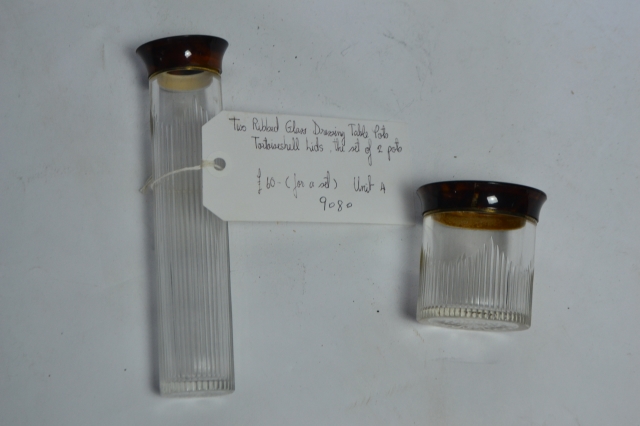 Two Ribbed Glass Dressing Table Pots.