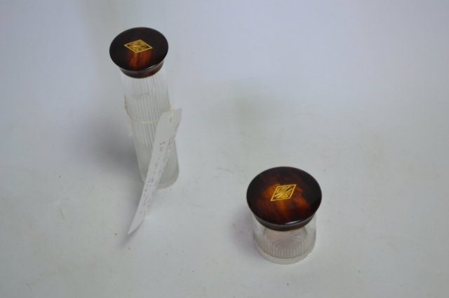 Two Ribbed Glass Dressing Table Pots.