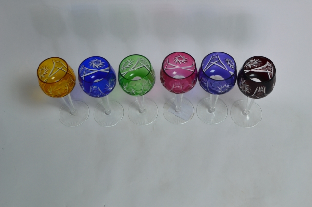 Six Bohemian Coloured Long Stem Wine Glasses.