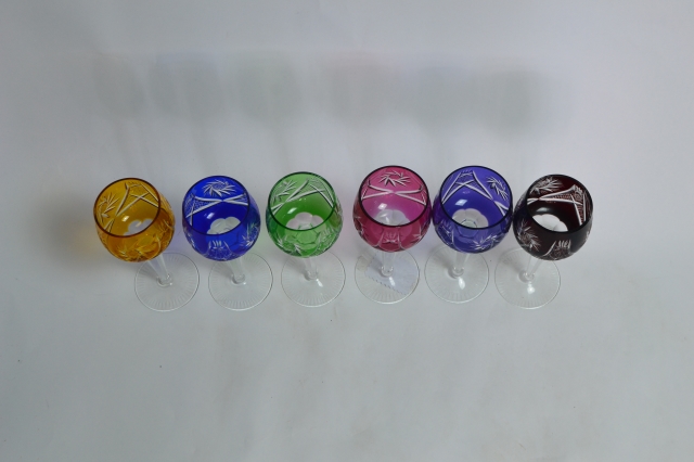 Six Bohemian Coloured Long Stem Wine Glasses.