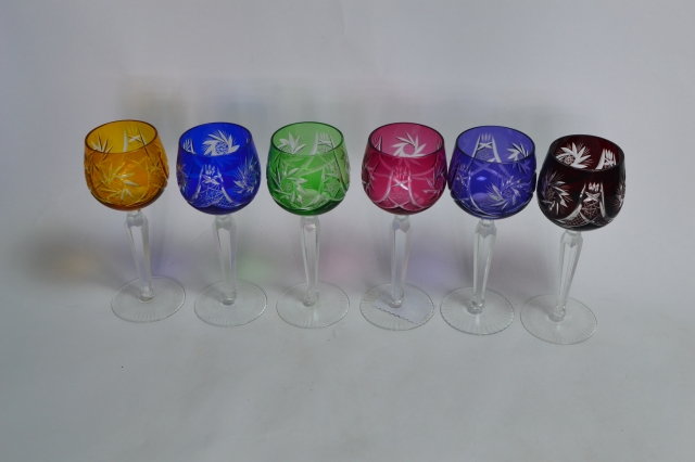 Six Bohemian Coloured Long Stem Wine Glasses.